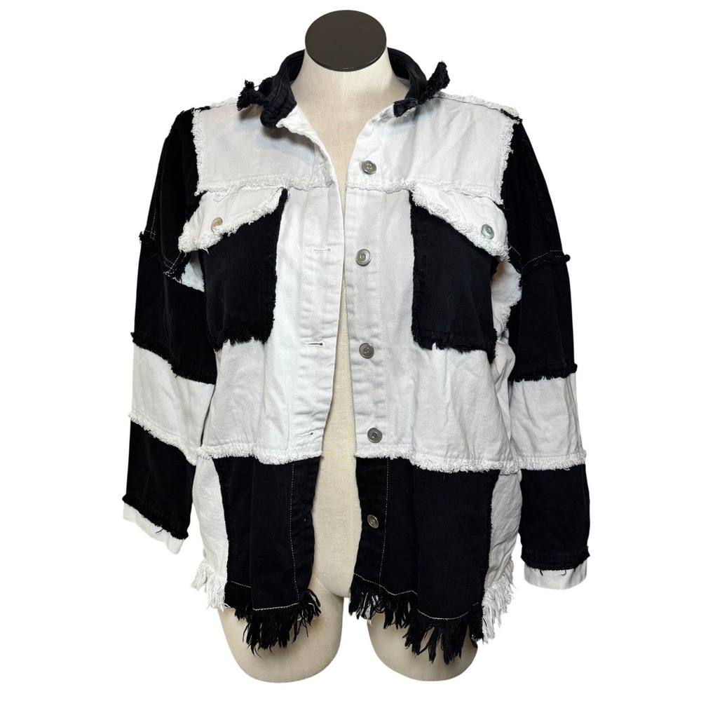 Black White‎ Fringed Patchwork Denim Grunge Jacket Raw Hem Shacket Size M